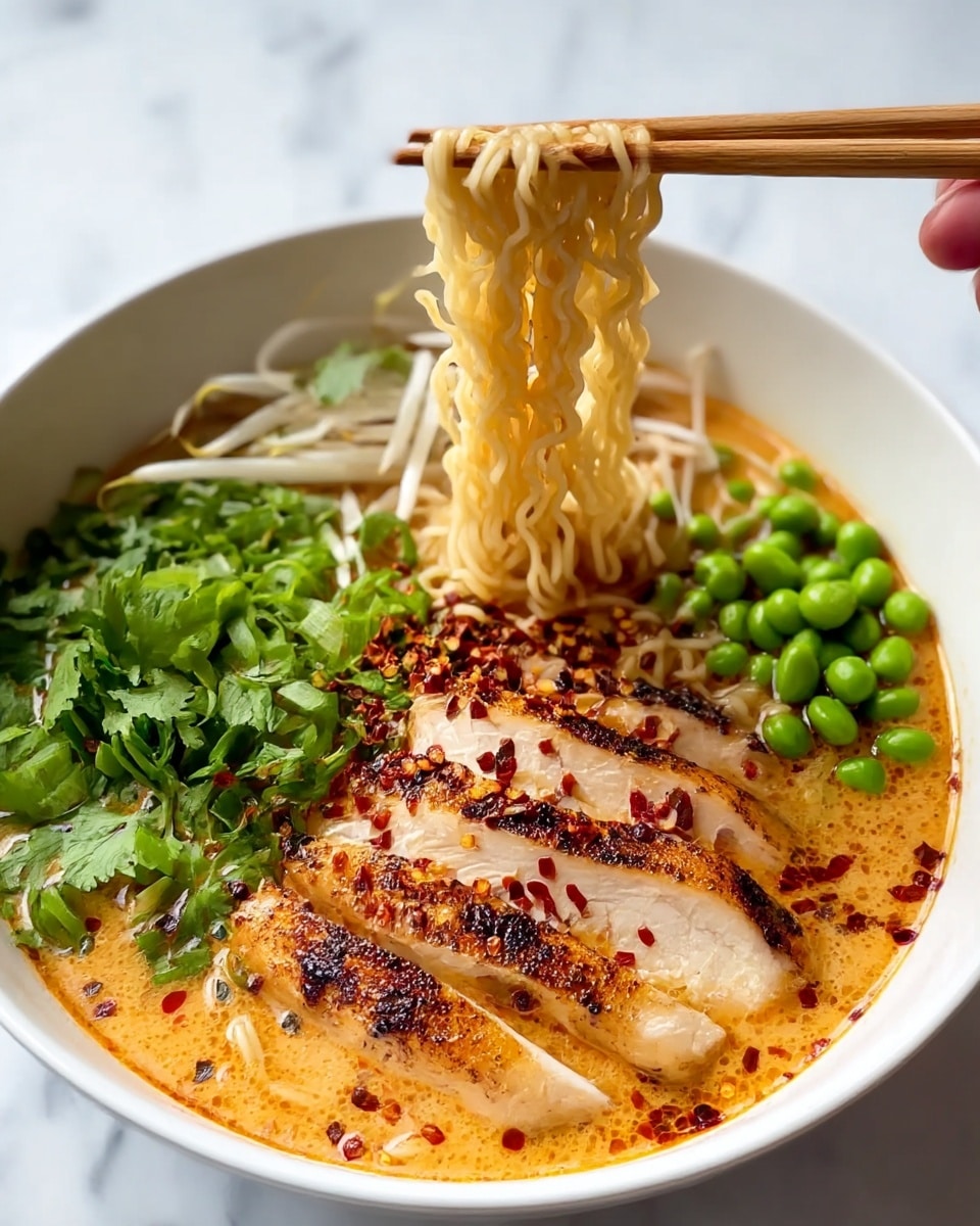 A white bowl filled with creamy orange broth holding a rich ramen. The bottom layer shows tender, grilled chicken slices with a golden brown char on top, sprinkled with red chili flakes and black sesame seeds. To the left, fresh green scallions and leafy cilantro add a bright green pop, with some white bean sprouts nearby. On the right, a small pile of vibrant green peas rests atop the broth. Above, a woman's hand holds wooden chopsticks lifting a bundle of curly, light beige noodles from the bowl, showing their texture and slight sheen. The whole scene is set on a white marbled surface. photo taken with an iphone --ar 4:5 --v 7