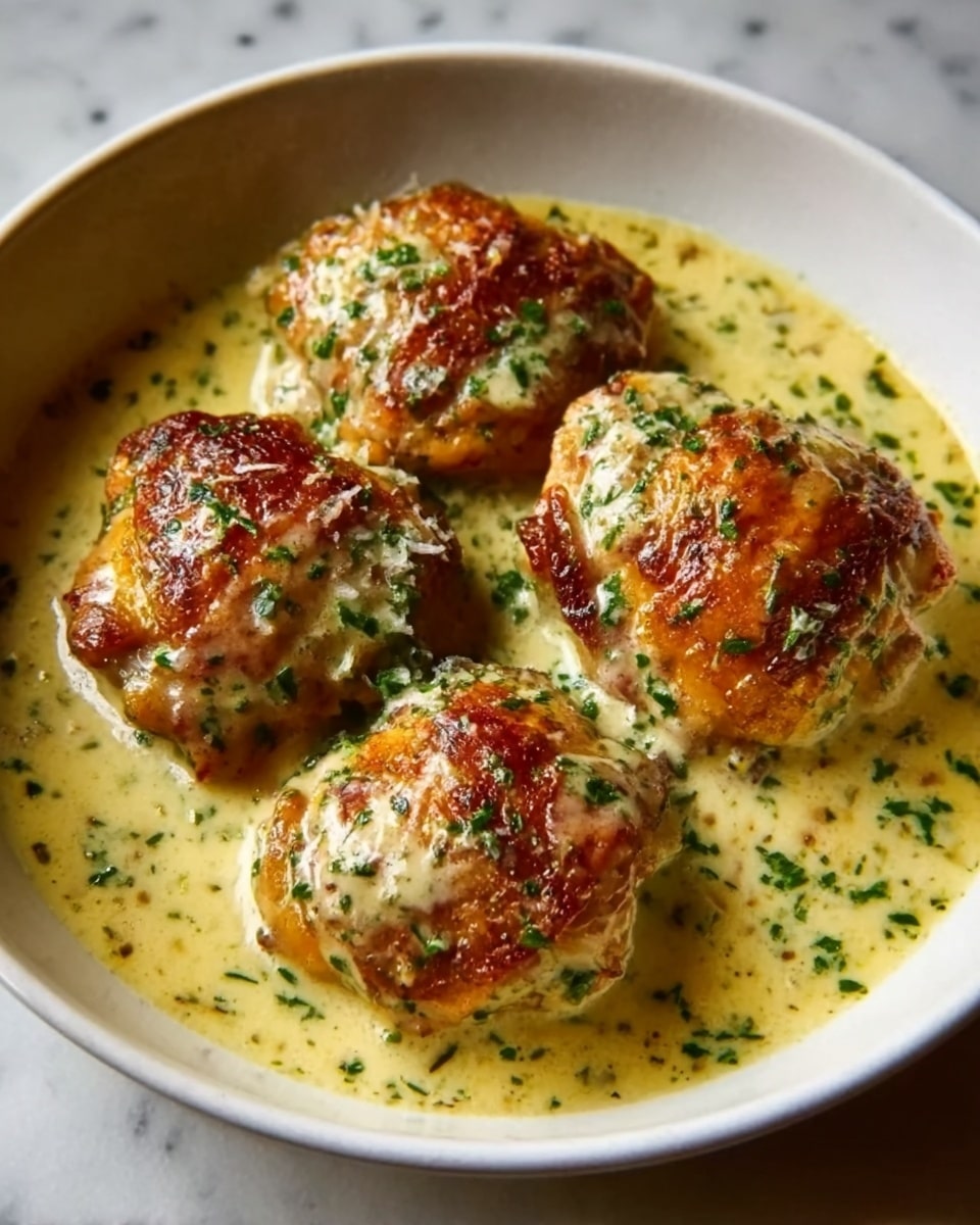 The image shows a white bowl filled with five pieces of browned chicken thighs covered in a creamy, yellow sauce. The chicken pieces have golden-brown, crispy skin with green herbs sprinkled on top and in the sauce around them. The sauce is thick and creamy with small green specks, possibly parsley, throughout. The background is a white marbled texture. photo taken with an iphone --ar 4:5 --v 7