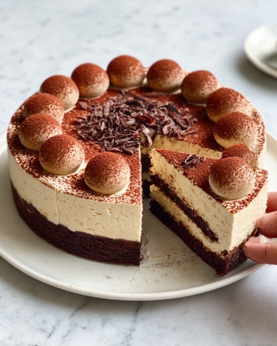The image shows a multi-layered round cake on a white plate. The bottom layer is dark brown and looks dense, possibly a chocolate crust. Above it, there is a thick creamy layer that is light beige in color. The top layer is decorated with smooth, round mounds of chocolate cream, evenly spread around the cake with a dusting of cocoa powder on top. The middle of the cake features a delicate design made with chocolate shavings. A woman's hand is holding one slice of the cake, which is slightly pulled out, showing all the layers clearly. The cake sits on a white marbled surface. Photo taken with an iphone --ar 4:5 --v 7