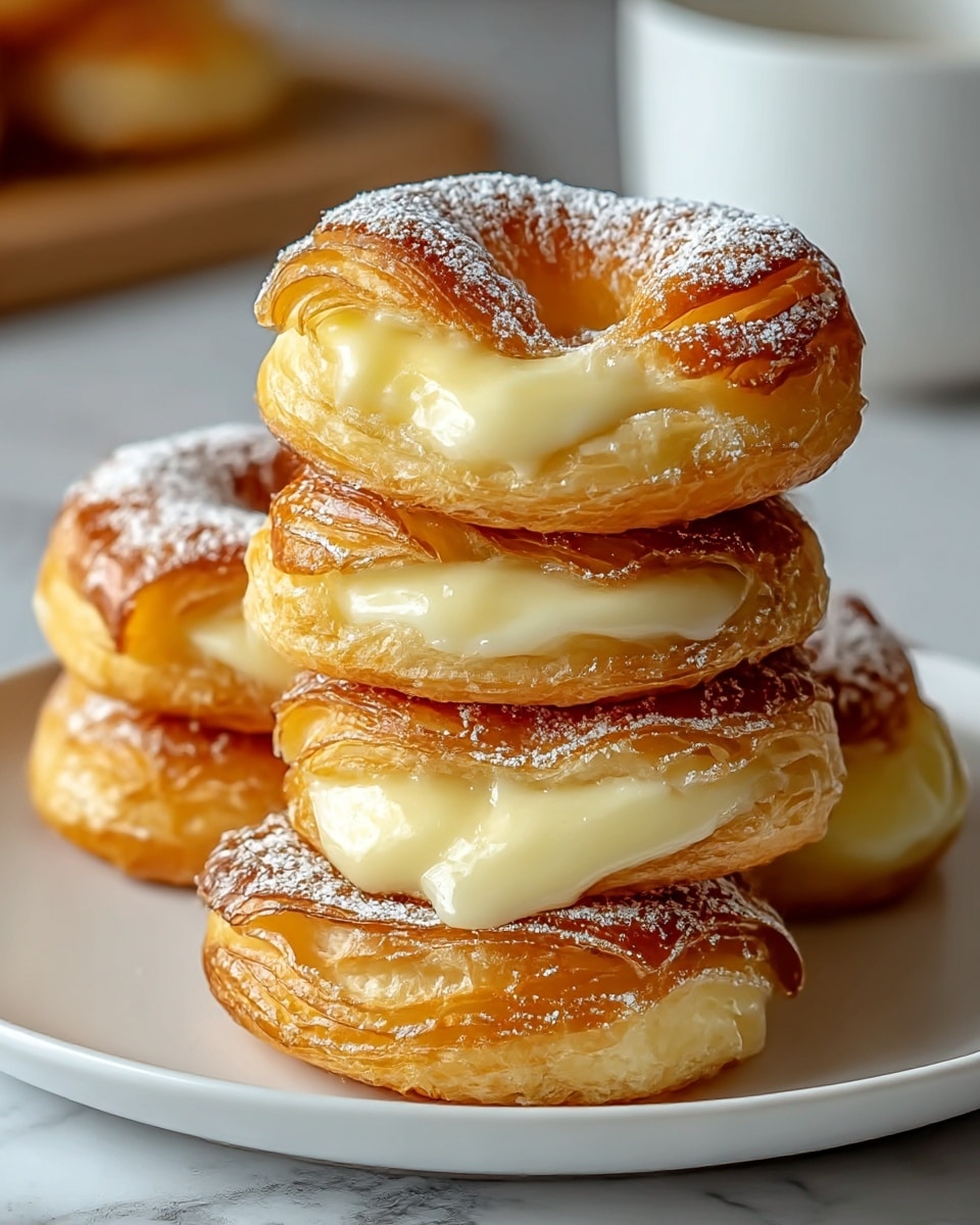 A stack of five golden brown pastries sits on a white plate, each pastry showing flaky, layered crusts with a shiny, slightly glossy finish. The pastries are round with a hollow center, filled visibly with a creamy, pale yellow custard that is smooth and slightly oozing out from the sides. A light dusting of powdered sugar is scattered over the tops, adding a soft white contrast to the warm tones of the crust. The plate rests on a white marbled surface with a blurred white cup in the background. The scene is close up, highlighting the texture and layers of the pastries. photo taken with an iphone --ar 4:5 --v 7