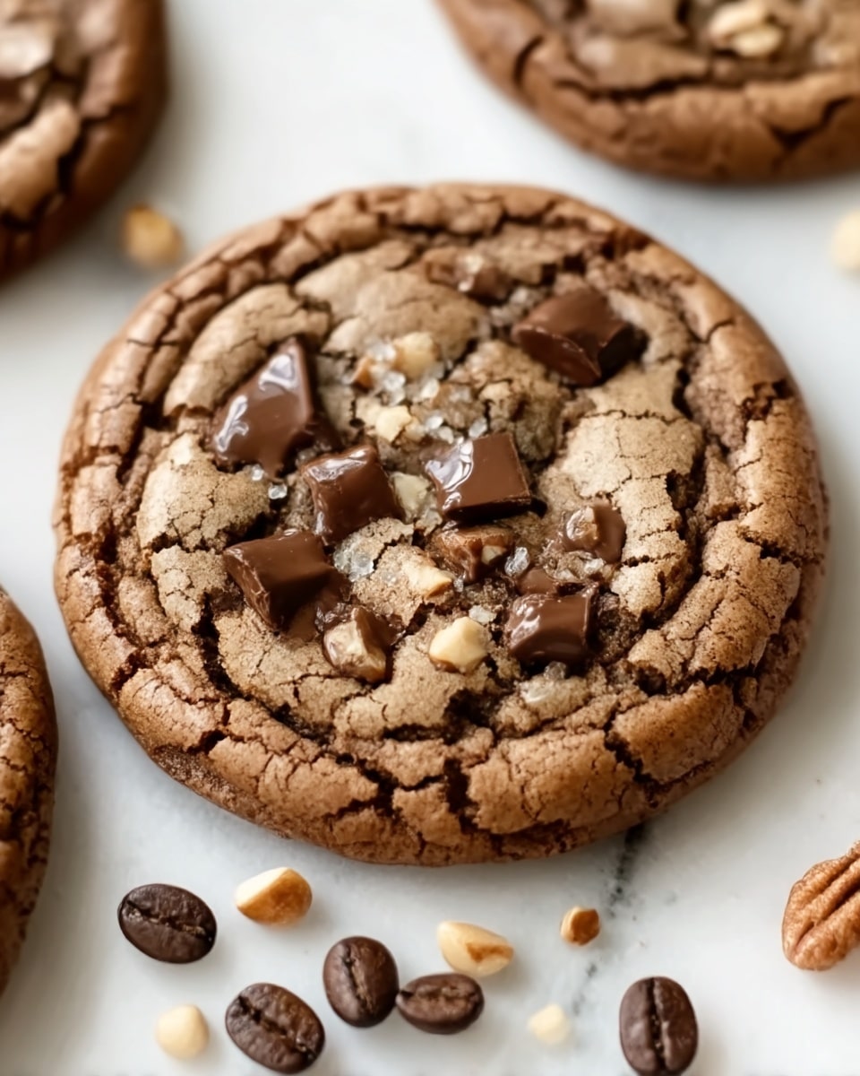 A close-up photo shows a soft, round chocolate cookie with a cracked surface revealing a dense, chewy texture. The cookie has small pieces of chocolate on top, which add a melted, glossy look, and some rough bits that give it a homemade feel. The cookie rests on a white marbled surface with a few scattered coffee beans and chopped nuts around it, adding contrast and detail to the image. Photo taken with an iphone --ar 4:5 --v 7