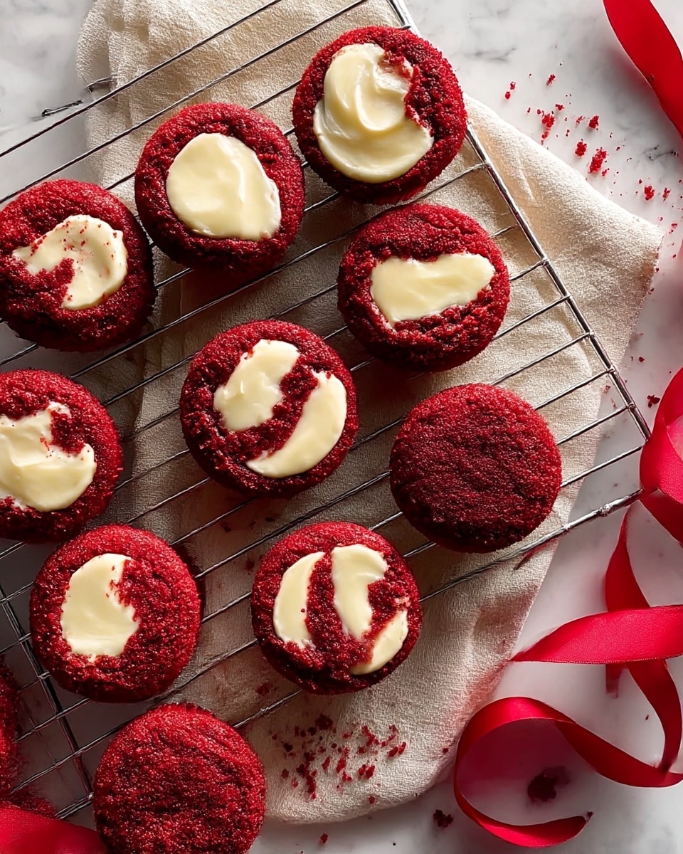 A cooling rack holds a dozen round red velvet cupcakes with a rich red crumb texture. Each cupcake shows a patch of smooth creamy white cream cheese filling randomly swirled into the top layer, creating a contrast of colors and textures. The cupcakes rest on a light beige cloth with some scattered crumbs, and a red ribbon softly curls around the cloth, adding a festive touch. The entire scene sits on a white marbled surface, emphasizing the vibrant red and white colors of the cupcakes. photo taken with an iphone --ar 4:5 --v 7