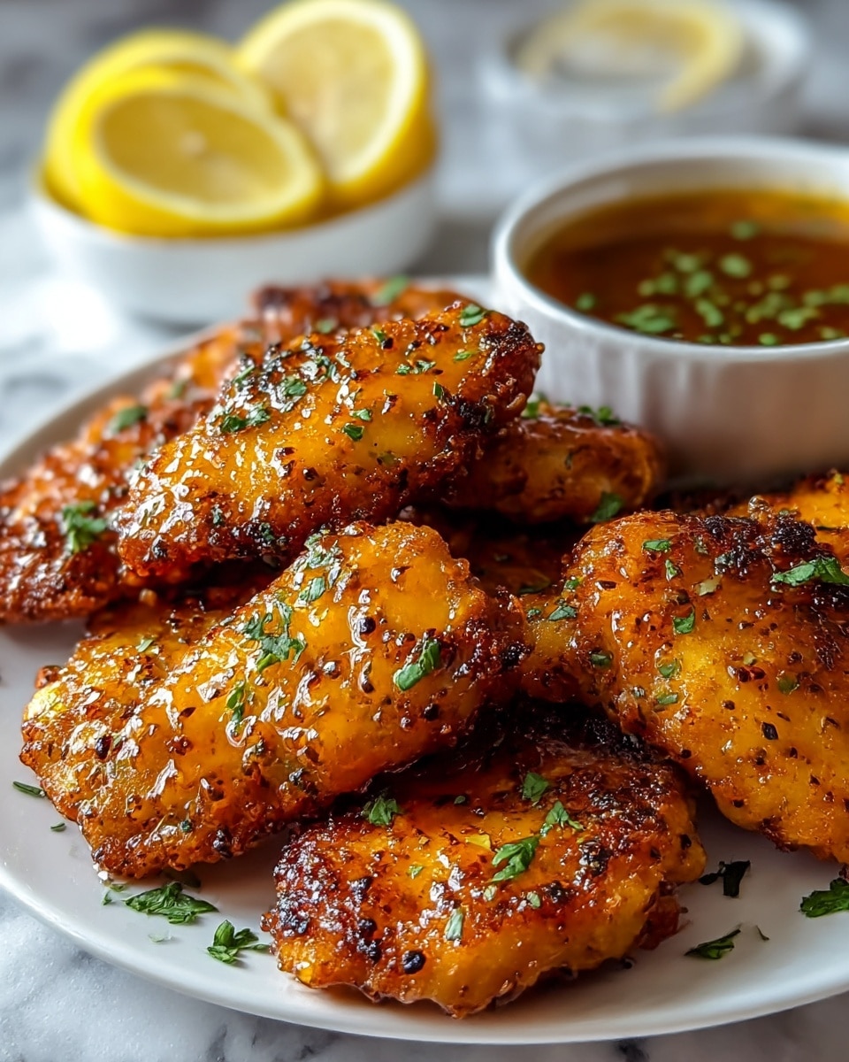 A white plate holds several pieces of golden brown fried chicken, each piece showing a crispy, textured coating with small dark char marks and glistening with a light honey or sauce glaze. The chicken pieces are garnished with bright green chopped herbs scattered on top. In the background, slightly out of focus, there are two white bowls, one containing round slices of lemon and the other filled with a dark amber dipping sauce, also garnished with green herbs. The scene is set on a white marbled texture surface. photo taken with an iphone --ar 4:5 --v 7