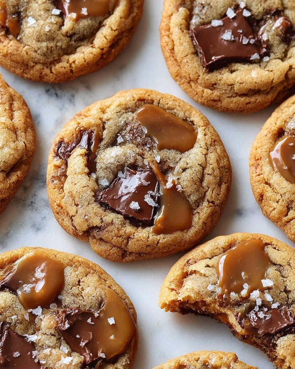 The image shows several round cookies on a white marbled surface, each cookie having a textured, golden-brown base layer with slightly crispy edges. On top of the base, there are large, glossy dark chocolate chunks embedded into the dough. Dollops of smooth, shiny caramel are spread unevenly across some cookies, creating a mix of light brown and dark chocolate colors. A few cookies are sprinkled lightly with coarse sea salt crystals, adding a touch of white contrast. One cookie is broken, showing a soft, chewy interior with visible chocolate and caramel layers. Photo taken with an iphone --ar 4:5 --v 7