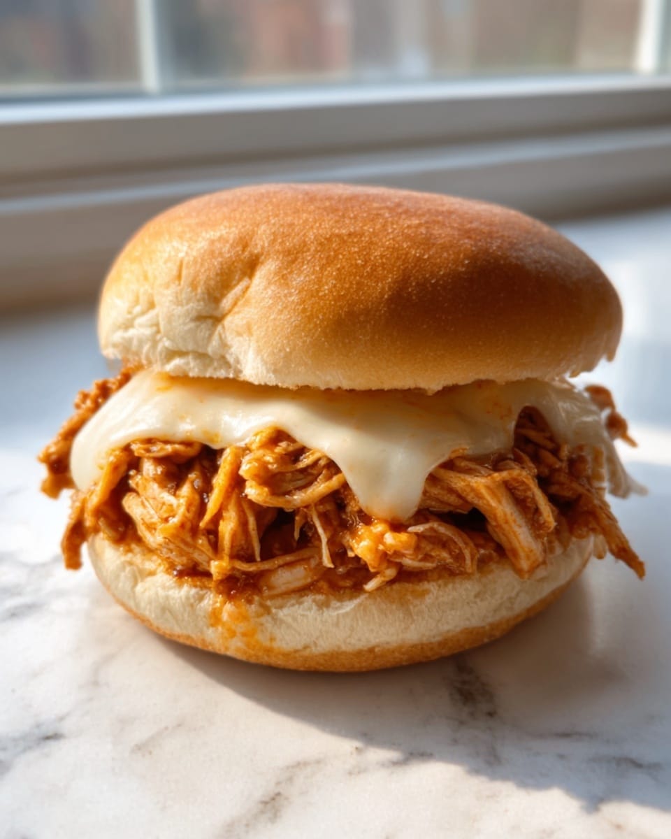 The image shows a pulled chicken sandwich with three clear layers. The bottom layer is a soft white sandwich bun, smooth and lightly toasted. The middle layer is a generous pile of shredded chicken mixed with a reddish-brown sauce, giving it a moist and textured look. On top of the chicken is a layer of melted white cheese that looks creamy and slightly gooey, following the shape of the chicken below. The top layer is the other half of the soft sandwich bun, lightly browned and smooth. The sandwich rests on a surface with a white marbled texture, and natural light comes from a window in the back. photo taken with an iphone --ar 4:5 --v 7