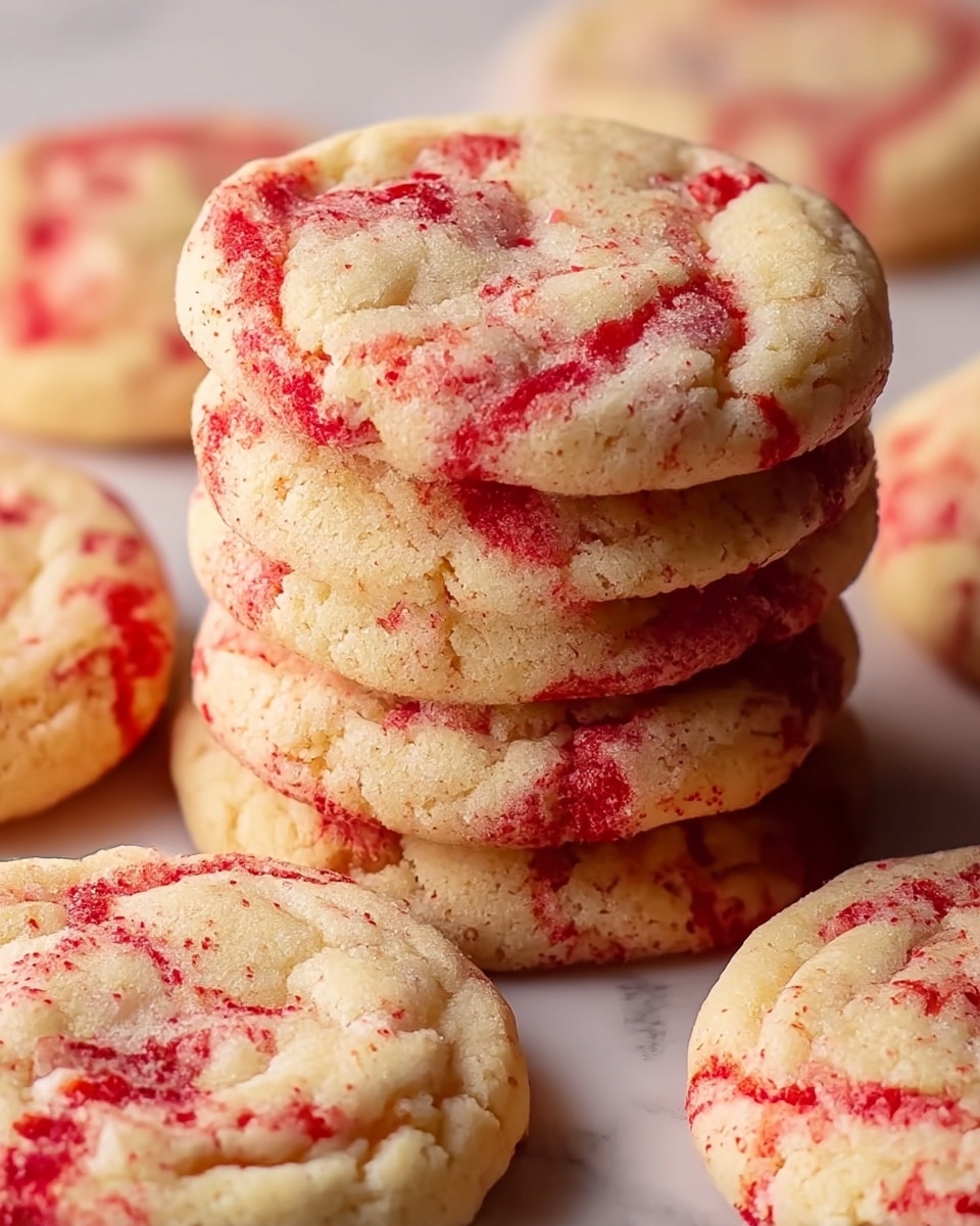 A close-up view of a stack of four round cookies with a soft texture placed in the center on a white marbled background, showing the cookies' pale cream base color swirled with bright red streaks and specks evenly spread throughout each cookie. Around the stack, there are five more cookies lying flat, displaying the same creamy and red marbled pattern with a slightly grainy surface texture. The cookies have a slightly puffy and soft look, with subtle cracks and folds that add to their homemade appearance. photo taken with an iphone --ar 4:5 --v 7