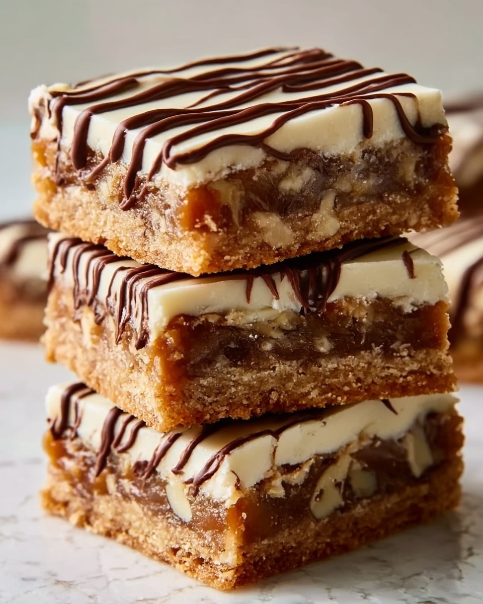 The image shows a stack of three square dessert bars placed on a white marbled textured surface. Each bar has three clear layers: the bottom layer is a crunchy golden brown crust, the middle layer a thick, gooey caramel mixed with nuts that add texture, and the top layer is a smooth beige frosting with dark brown chocolate drizzle in wavy lines. The bars are closely stacked, showing the layers clearly and creating a rich, inviting look. Photo taken with an iphone --ar 4:5 --v 7