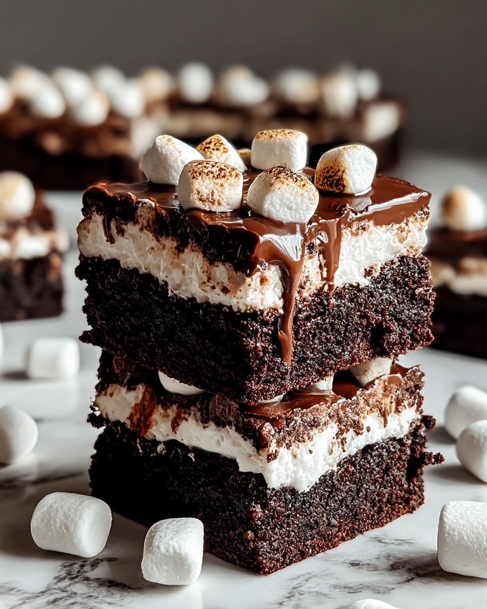 A stack of two square chocolate brownies with three visible layers: the bottom and middle layers are dark, moist chocolate cake, and the middle layer sandwiched between them is a thick, white marshmallow cream. The top layer is a glossy, melted chocolate spread with several toasted small marshmallows scattered on it. Some white marshmallows are placed around the brownies on a white marbled surface. The brownie stack looks soft and rich with gooey chocolate and fluffy marshmallow in contrast. Photo taken with an iphone --ar 4:5 --v 7