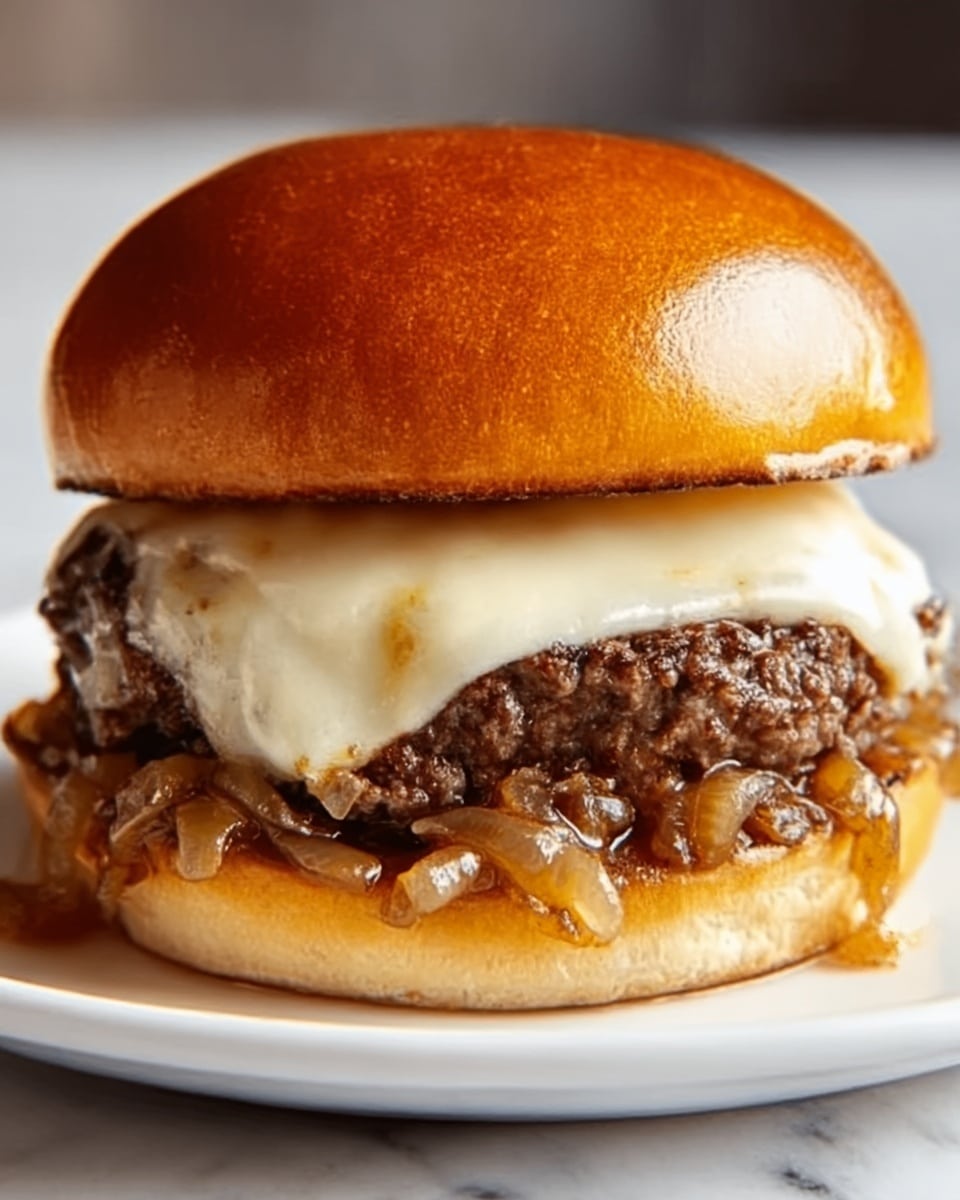A close-up of a juicy cheeseburger with two shiny golden brown buns, the top one smooth and slightly domed. Inside, there is a melted slice of white cheese covering a thick, dark brown, textured beef patty with visible juicy bits. Under the cheese and patty, glossy cooked onions with a mix of light brown and translucent colors spill out slightly. The cheeseburger is placed on a white plate, on a white marbled surface. Photo taken with an iphone --ar 4:5 --v 7