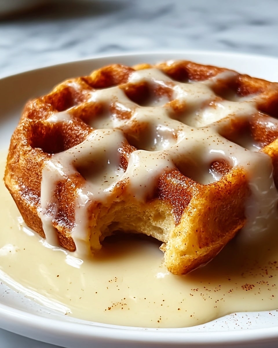 A close-up of a single golden brown waffle on a white plate, covered with a thick, creamy light beige sauce that drips down its textured surface and pools around the base. The waffle has a slightly crispy edge with a soft, airy inside, visible through a bite taken out of one corner. The creamy sauce spreads evenly over the raised grids, with flecks of cinnamon sprinkled across the waffle, adding a warm spice touch. The setting features a white marbled texture as the background. photo taken with an iphone --ar 4:5 --v 7
