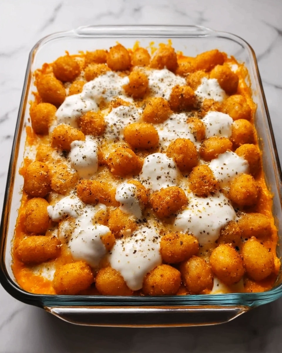 The image shows a clear glass baking dish filled with a layered baked dish. The bottom layer looks like an orange, creamy mixture, topped with a thick layer of small, round golden brown potato balls that appear crispy. Over this, there are white dollops of sauce spread unevenly, with some black pepper sprinkled on top. The dish sits on a white marbled surface. photo taken with an iphone --ar 4:5 --v 7