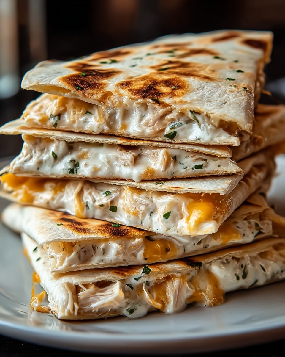 A stack of four folded quesadilla quarters is placed on a white plate, each layer showing a golden-brown grilled tortilla with slight charring and sprinkled green herbs on top. Inside each quesadilla, there is a creamy white cheese mixed with melted orange cheddar cheese, along with bits of shredded chicken and more herbs, all oozing slightly from the edges. The tortillas have a soft texture with crisp golden patches from toasting, and the whole stack appears thick with the creamy filling clearly visible between the layers. Photo taken with an iphone --ar 4:5 --v 7