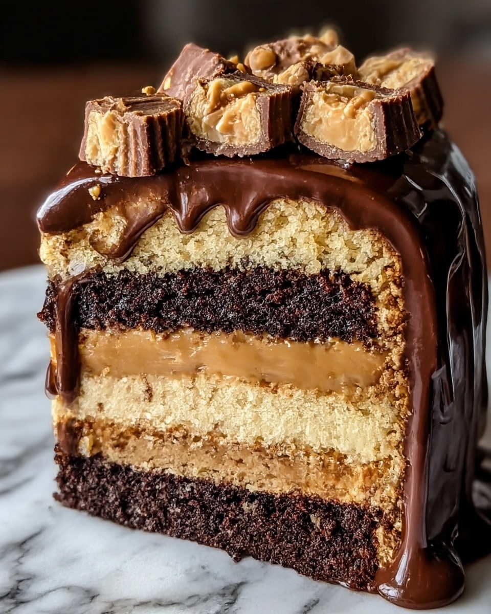 The image shows a close-up of a multi-layered round cake slice on a white marbled surface, featuring five distinct layers starting from the bottom: a dark chocolate crumb base, a light beige cookie or cake layer, a thin dark chocolate filling, a thicker smooth peanut butter or caramel cream layer, and another dark chocolate crumb layer on top. The entire cake is covered in shiny dark chocolate ganache that drips down the sides, with chunky peanut butter cup pieces placed on the top. The textures vary from crumbly and moist to smooth and creamy, with the glossy ganache adding a rich shine. photo taken with an iphone --ar 4:5 --v 7