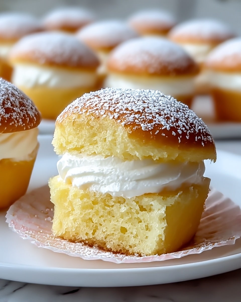 A close-up of small cupcakes with a golden brown top sprinkled with white powdered sugar, each cupcake cut horizontally in the middle to create two layers; the bottom and top layers are soft yellow cake, and the middle layer is filled with fluffy white cream. They sit on a white plate against a white marbled texture background. The cupcakes are arranged in rows, with one cupcake in the front in clear focus and the others blurred in the back. Photo taken with an iphone --ar 4:5 --v 7