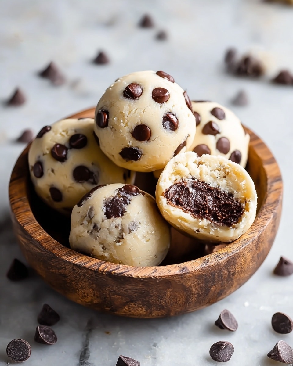 A small wooden bowl holds five round cookie dough balls studded with dark chocolate chips, each dough ball showing a smooth, light cream outer layer dotted with scattered, shiny, dark brown chocolate chips, except one ball that is bitten to reveal a moist, dense, dark chocolate center with a rich texture inside. The bowl is placed on a white marbled textured surface with extra chocolate chips scattered around. The lighting highlights the soft, slightly crumbly surface of the dough and the glossy chocolate chips. Photo taken with an iphone --ar 4:5 --v 7