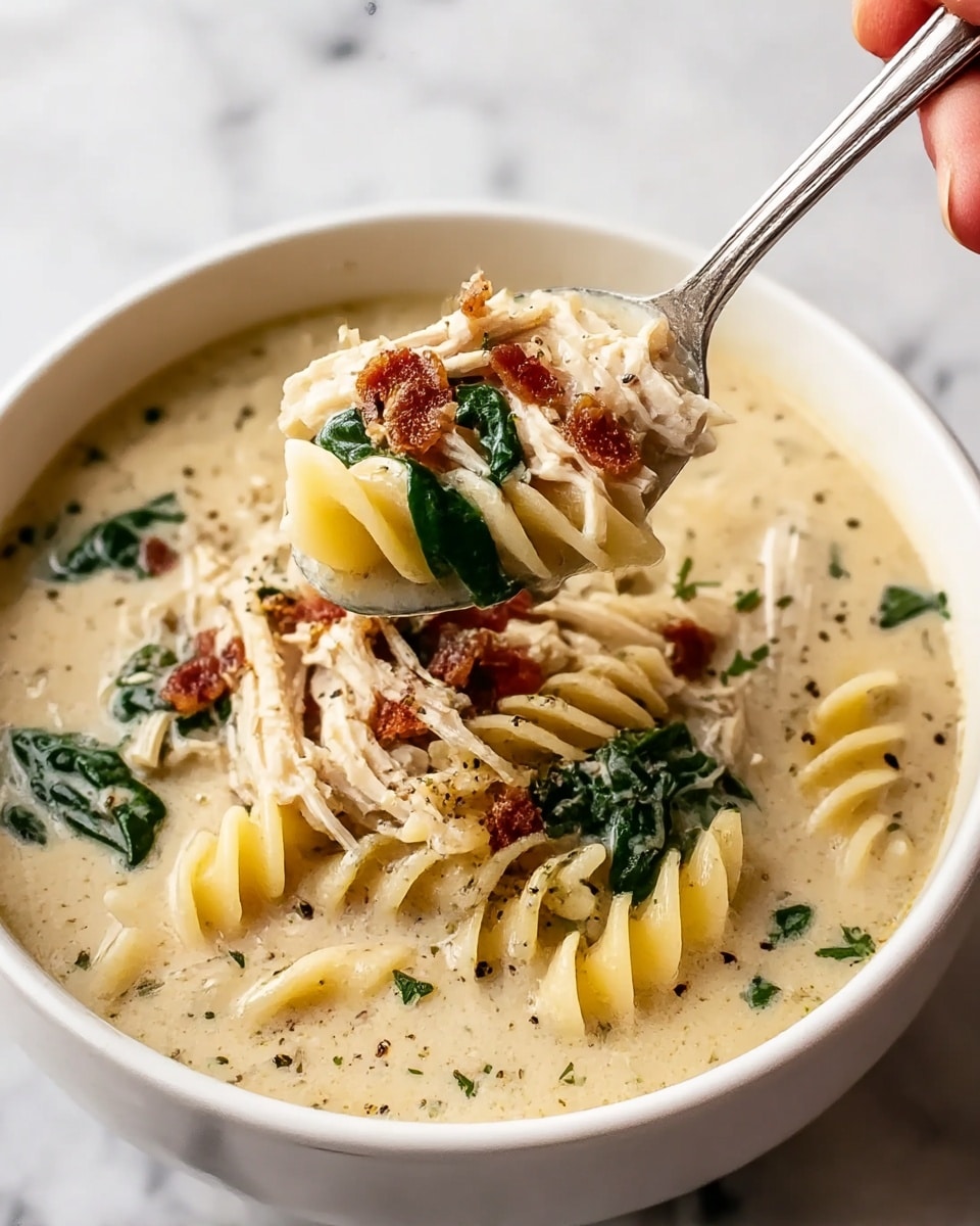 A close-up view of a white bowl filled with creamy soup layered with light yellow twisted noodles, tender light beige chicken pieces, and dark green spinach leaves. The soup has a rich, thick white broth with visible green herbs and small red bits scattered throughout, creating a textured surface. A spoon lifts a portion of noodles, chicken, and spinach above the bowl, held by a woman's hand. The background is a white marbled surface. Photo taken with an iphone --ar 4:5 --v 7