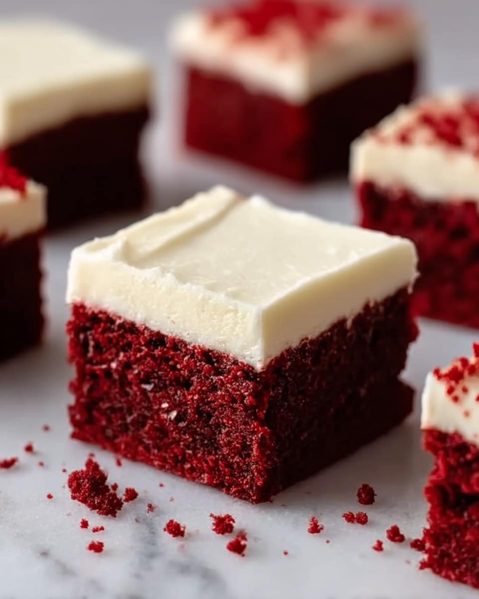 The image shows a close-up of square red velvet cake pieces with two visible layers: a thick, rich, dark red bottom layer with a soft, moist texture, topped by a smooth, creamy white frosting layer, slightly thicker than the cake layer. Some small cake crumbs are scattered on the white marbled surface beneath the cake pieces, adding texture to the scene. The background is softly blurred, keeping focus on the single detailed cake square in the front. Photo taken with an iphone --ar 4:5 --v 7