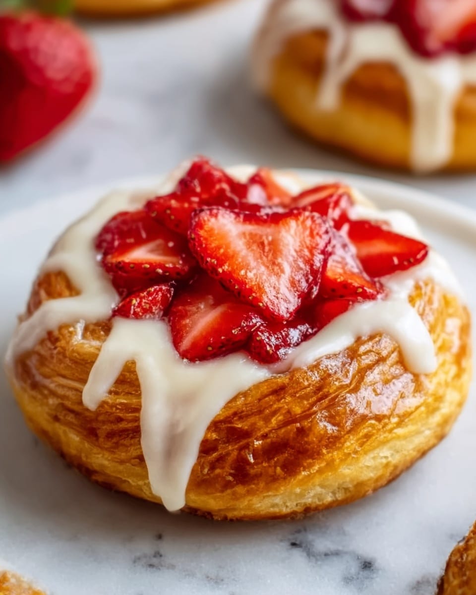 A close-up view of a golden-brown pastry with a shiny, flaky texture, topped with a thick layer of creamy white icing drizzled over the edges. On top of the icing, there is a vibrant layer of bright red sliced strawberries that are slightly glossy, adding a fresh look. The pastry sits on a white plate, with a white marbled surface underneath, and an out-of-focus red object in the background. The image has a soft, natural light that highlights the shiny glaze and flaky texture. Photo taken with an iphone --ar 4:5 --v 7