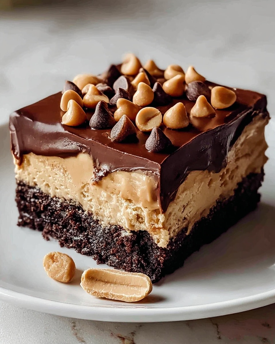A square slice of layered dessert sits on a white plate with a white marbled texture background. The bottom layer is a dark, crumbly brownie base. Above that is a thick, creamy peanut butter layer with a smooth texture and light brown color. The top layer is a shiny, rich chocolate ganache that flows slightly over the edges. On top, there are many small peanut butter chips and dark chocolate chips, scattered evenly and adding texture and color contrast. Two peanut butter chips sit on the plate in front of the slice. photo taken with an iphone --ar 4:5 --v 7