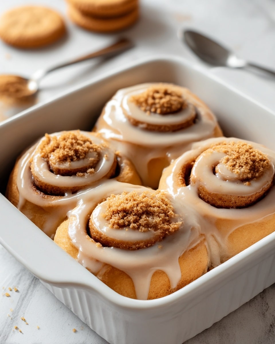 The image shows four cinnamon rolls inside a white ceramic baking dish. Each roll has one clear spiral layer of soft, golden-brown dough with a smooth, glossy light brown frosting thickly spread on top, dripping slightly over the edges. There is a crumbly, darker brown topping sprinkled in the center and along the spirals, adding texture. The dish sits on a white marbled surface, with some blurred biscuits and a spoon visible in the background. Photo taken with an iphone --ar 4:5 --v 7