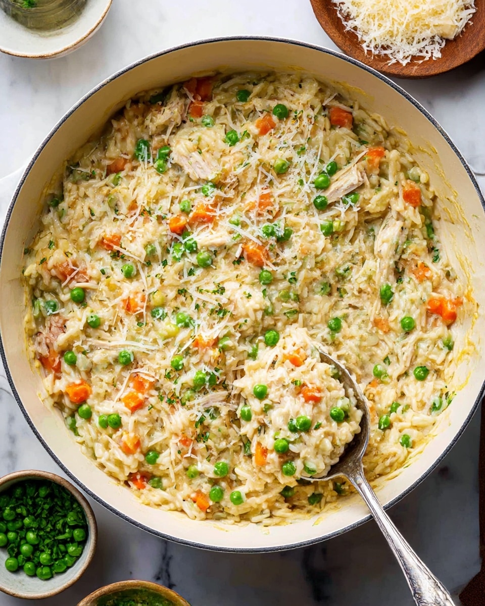 A large white pot filled with a creamy risotto-like dish featuring soft, small rice with mixed vegetables; bright green peas and diced orange carrots are scattered evenly throughout, with bits of cooked chicken pieces mixed in and finely grated cheese melting slightly on top. A silver serving spoon rests inside the pot, scooping up a portion of the dish, showing the textured layers of rice and vegetables blended with creamy sauce. Around the pot are small bowls with extra peas and grated cheese on a white marbled surface. photo taken with an iphone --ar 4:5 --v 7