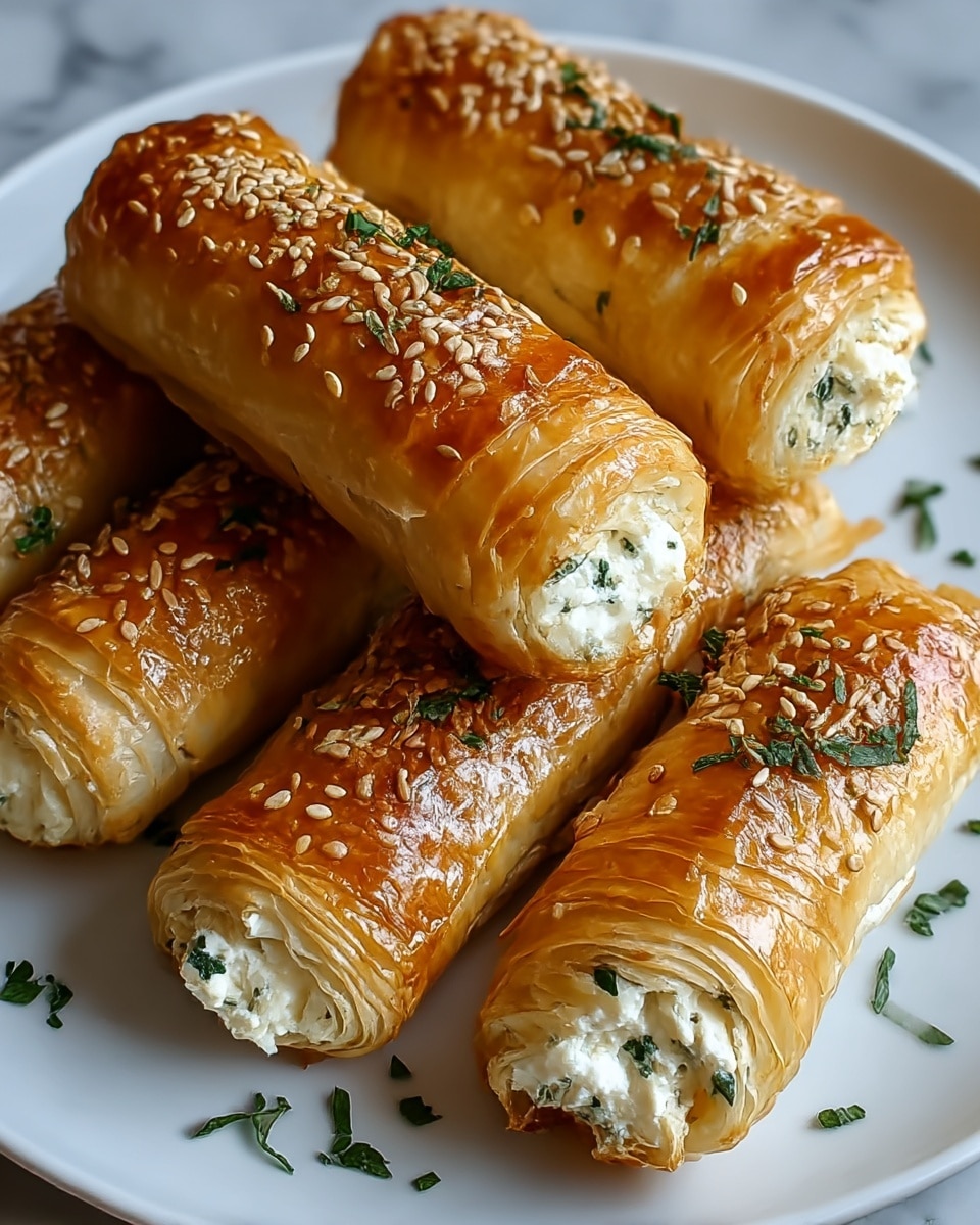 The image shows five golden brown pastry rolls filled with a creamy white cheese mixed with green herbs, arranged closely on a white plate. The pastries have multiple thin, flaky layers with a shiny, slightly crisp surface, sprinkled with sesame seeds and small herb pieces. The ends of the rolls clearly reveal the soft, textured cheese filling, and small herb leaves are scattered on the plate around the pastries, all set on a white marbled texture surface. photo taken with an iphone --ar 4:5 --v 7