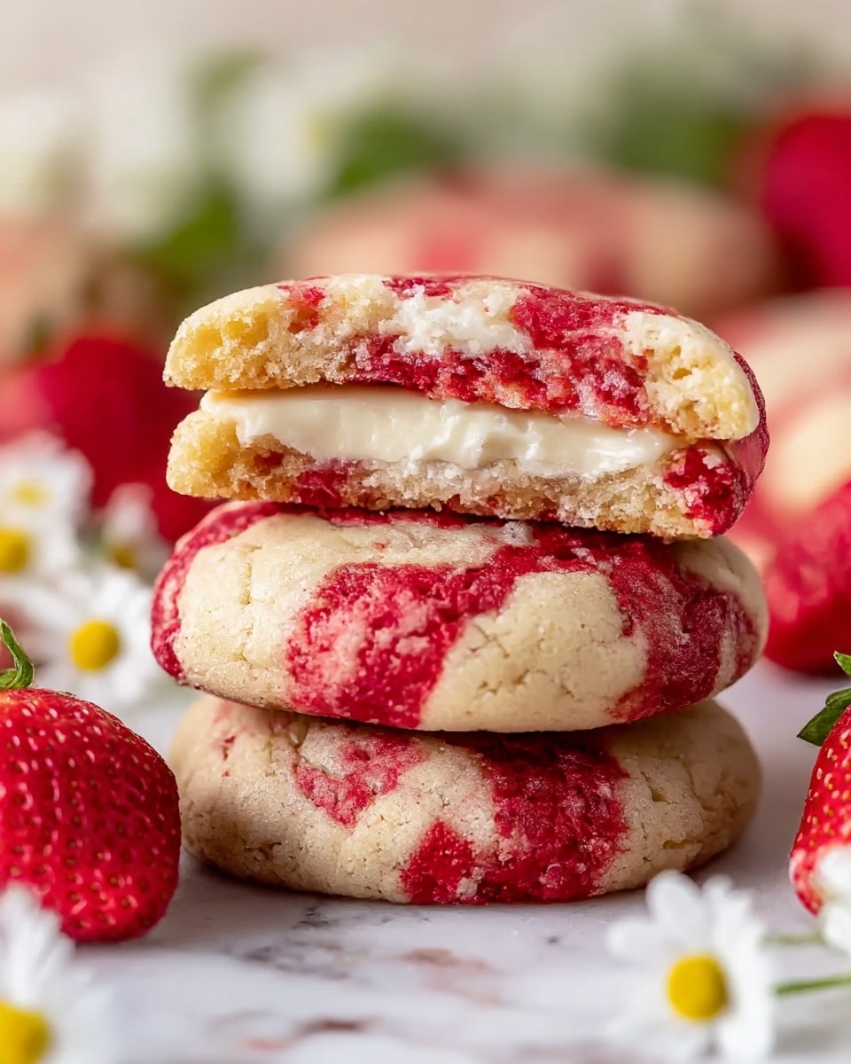 A stack of three soft cookies is shown, with the top cookie split in half to reveal a creamy white filling inside. The cookies have a light beige base with bright red swirls that look like strawberry or raspberry, giving them a marbled effect. The texture appears soft and slightly crumbly. The cookies are placed on a white marbled surface with fresh red strawberries around them and small white flowers with yellow centers scattered nearby. The overall look is fresh and inviting, with a focus on the creamy filling and colorful red swirls. photo taken with an iphone --ar 4:5 --v 7