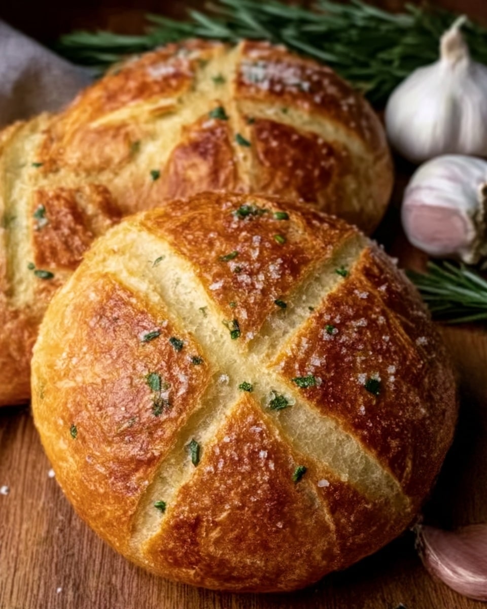 Two round bread rolls with golden brown crusts are shown on a wooden surface. Each roll has a crisscross pattern on top, sprinkled with coarse salt and small green herb bits. The crust looks crispy and slightly shiny, with soft parts visible under the crust. Near the top right corner, there are white garlic bulbs and green rosemary sprigs, adding a fresh touch to the scene. The whole image is warm and inviting, showing the fresh, baked texture clearly. Photo taken with an iphone --ar 4:5 --v 7
