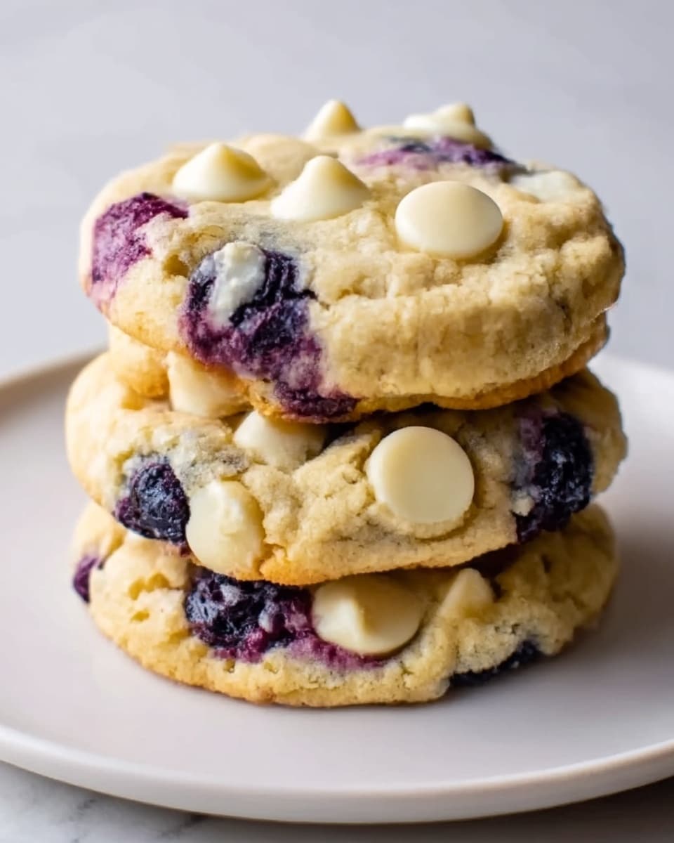 A stack of three thick cookies sits on a plain white plate placed on a white marbled surface. Each cookie has a soft, crumbly texture with a pale golden color. Mixed evenly throughout the cookies are dark purple blueberries, some of which are slightly bursting and creating purple spots on the dough. Large white chocolate drops are melted gently on top, forming small creamy pools scattered across the cookies. The cookies look fresh and moist with a slight shine from the melted chocolate. Photo taken with an iphone --ar 4:5 --v 7