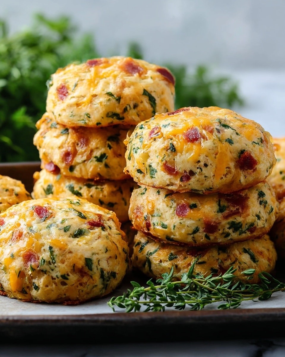 The image shows a close-up of a stack of seven cheesy herb biscuits placed in a dark baking tray on a white marbled surface. Each biscuit has a round shape with a textured, golden-brown crust and a soft, fluffy interior. The biscuits are speckled with bits of green herbs and small pieces of red bacon, and melted yellow-orange cheddar cheese is visible on the surface of each biscuit. There is a small sprig of fresh green thyme on the tray in front of the biscuits. The background is blurred with hints of fresh green herbs, giving focus to the biscuits. Photo taken with an iphone --ar 4:5 --v 7