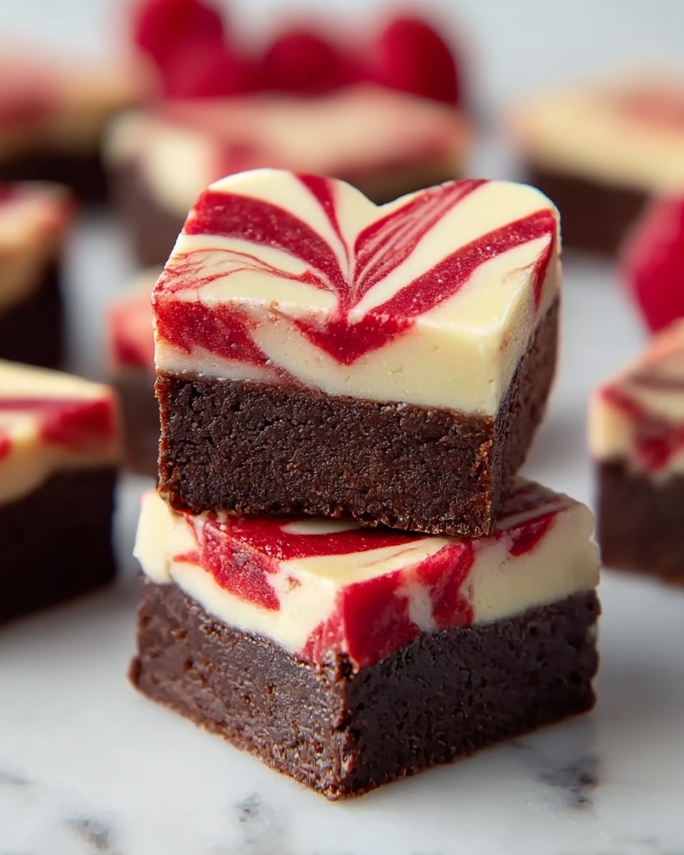 Two pieces of dessert stacked on a white marbled surface, each with two layers: the bottom layer is thick, dark brown, and dense like chocolate brownie, while the top layer is creamy white with bright red swirls creating a marbled pattern. The top piece is cut in a heart shape and sits on a square piece below it. In the background are more similar desserts and fresh red raspberries, slightly out of focus. Photo taken with an iphone --ar 4:5 --v 7