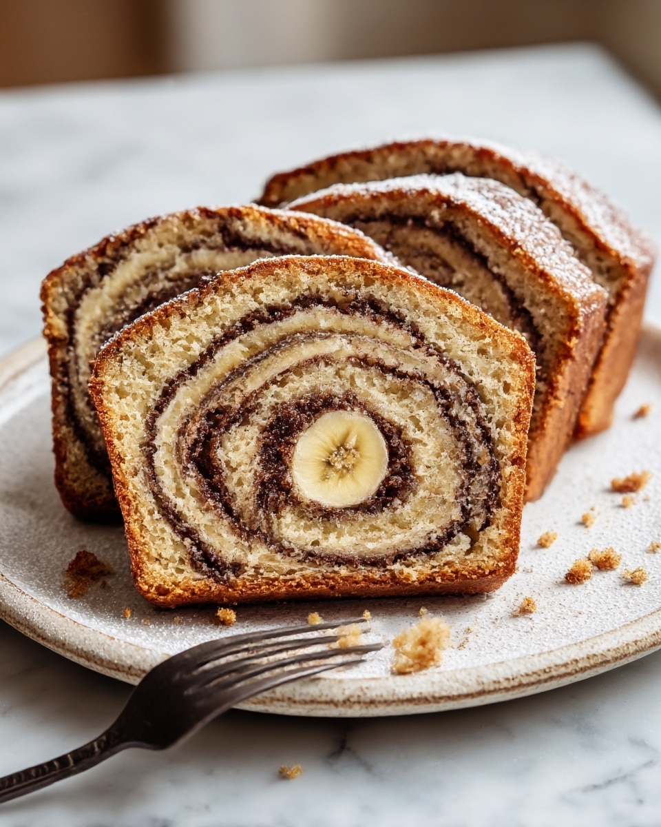 The image shows three thick slices of banana cinnamon swirl bread arranged on a white plate with a rough texture. Each slice reveals a soft, light brown cake layered with dark brown cinnamon swirls, creating a spiral pattern. The middle of each slice has a visible banana slice, light yellow with a soft texture. The bread looks moist and slightly crumbly, with crumbs spread around on the plate and a small piece held on a dark metal fork on the plate's edge. The whole scene sits on a white marbled surface with some powdered sugar sprinkled over the bread and plate. Photo taken with an iphone --ar 4:5 --v 7