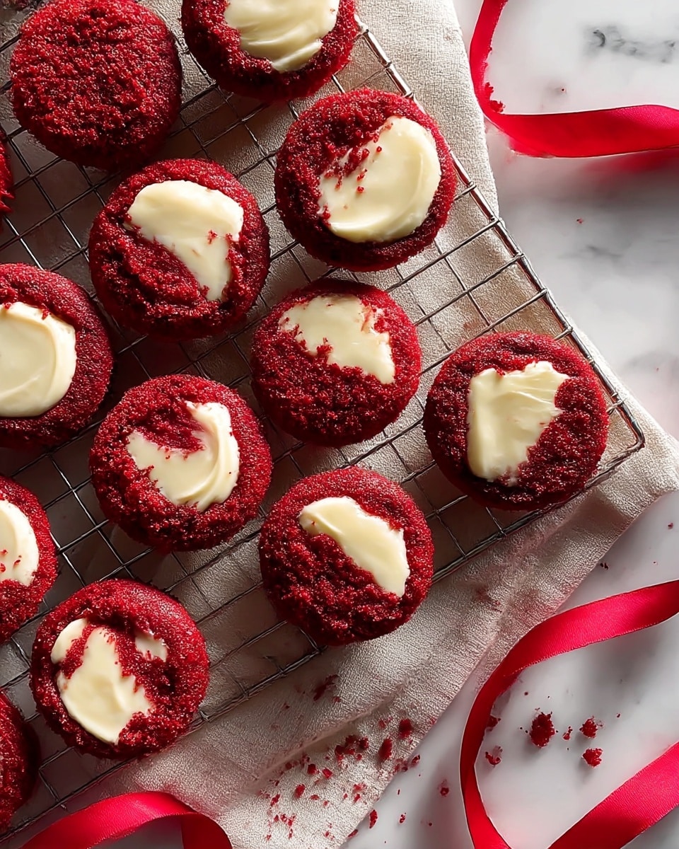 A group of red velvet cupcakes with creamy white swirls of cream cheese filling in the center are arranged on a rectangular metal cooling rack, placed on a beige cloth. The cupcakes have a rich, moist texture and deep red color with some crumbs scattered around. A red ribbon lies loosely on the cloth, adding a festive touch. The whole scene is set on a white marbled surface, creating a clean and bright background. photo taken with an iphone --ar 4:5 --v 7