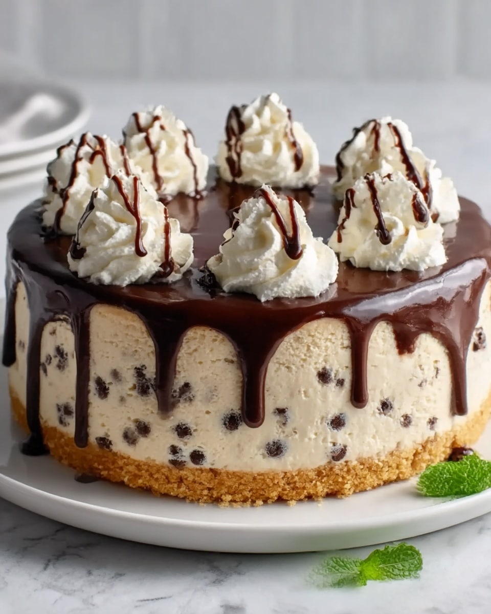 A round, layered cheesecake sits on a white plate against a white marbled background. The bottom layer is a golden, crumbly crust. Above it is a thick, creamy beige layer filled with small chocolate chips. The top layer is glossy, dark chocolate ganache dripping slightly down the sides. On top are several whipped cream dollops arranged in a circle, each drizzled with thin lines of chocolate. A small green mint leaf rests near the front edge of the plate. Photo taken with an iphone --ar 4:5 --v 7