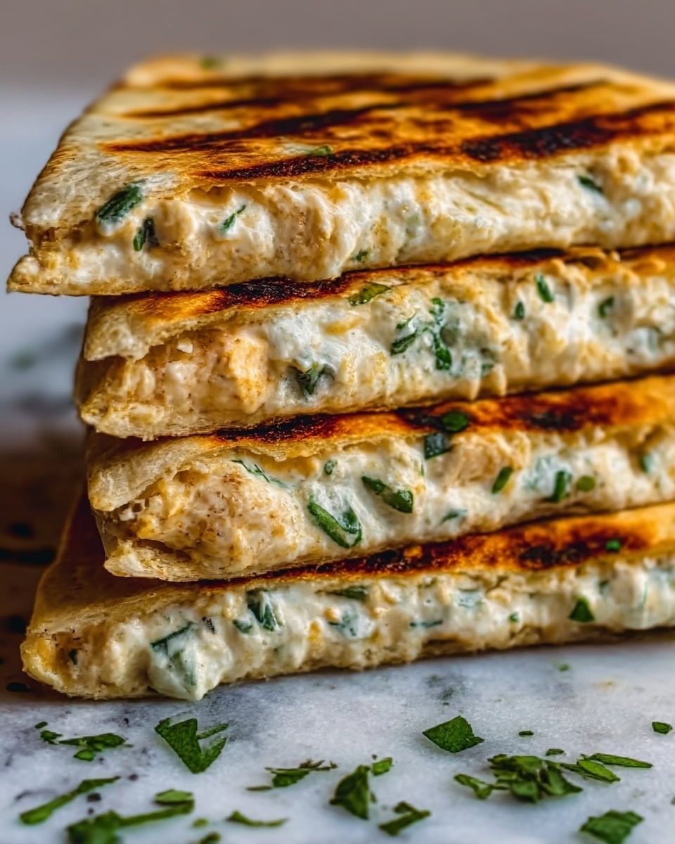 The image shows a stack of four folded quesadillas on a white marbled surface. Each quesadilla has a golden-brown, slightly crispy outer tortilla with some darker toasted spots and is filled with a creamy mixture that looks soft and gooey. The filling has visible green herbs mixed evenly inside, giving a fresh touch. The quesadillas are piled closely, with the edges showing the melted filling inside that looks smooth and cheesy. photo taken with an iphone --ar 4:5 --v 7