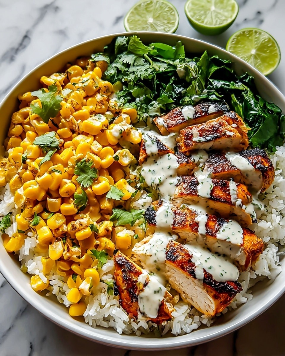 A white bowl filled with a base layer of white rice, topped with bright yellow grilled corn with slight charring, alongside pieces of grilled chicken that have a dark brown, slightly blackened crust and a tender inside; the chicken and corn are drizzled with a creamy white sauce with green herbs. Fresh green leafy cilantro decorates one side of the bowl. In the background, there are partially sliced limes placed on a white marbled surface. photo taken with an iphone --ar 4:5 --v 7