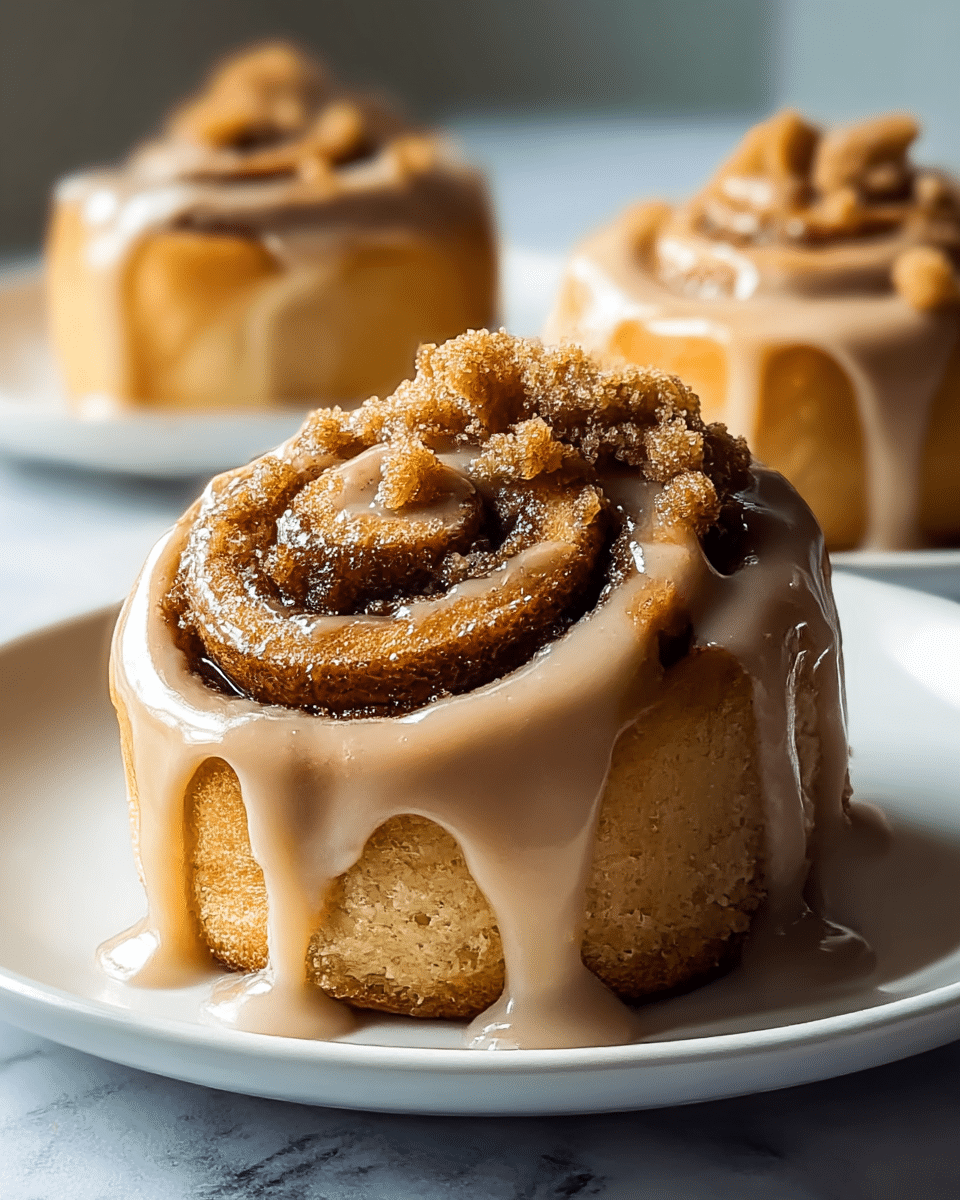 The image shows three cinnamon rolls arranged on a white plate, placed on a white marbled surface. Each roll has a thick swirl layered with dark brown cinnamon filling visible from the side and top. The outer dough is golden brown with a slightly textured and soft look. The rolls are covered in a smooth, glossy beige icing that drips down the sides generously. Crumbled brown sugar topping sits on the top of each roll, adding a rough texture that contrasts with the smooth icing. The focus is on the foremost roll with the other two softly blurred in the background. photo taken with an iphone --ar 4:5 --v 7