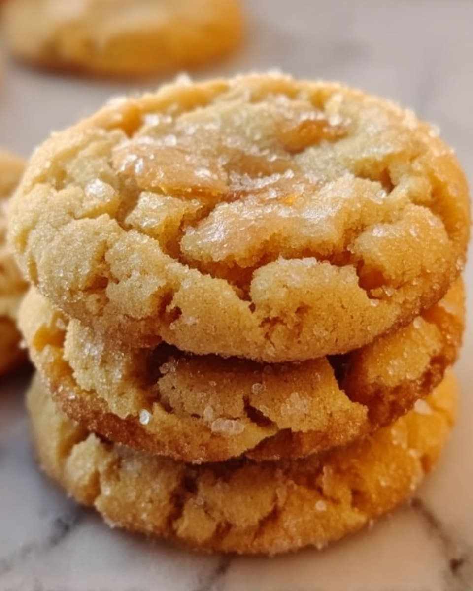 The image shows a close-up of a stack of three soft, light brown cookies with cracked tops and a slightly glossy texture. The cookies have a crumbly surface with visible sugar granules and a chewy look. The stack is placed directly on a white marbled surface, and the warm lighting highlights the texture and color of the cookies. photo taken with an iphone --ar 4:5 --v 7