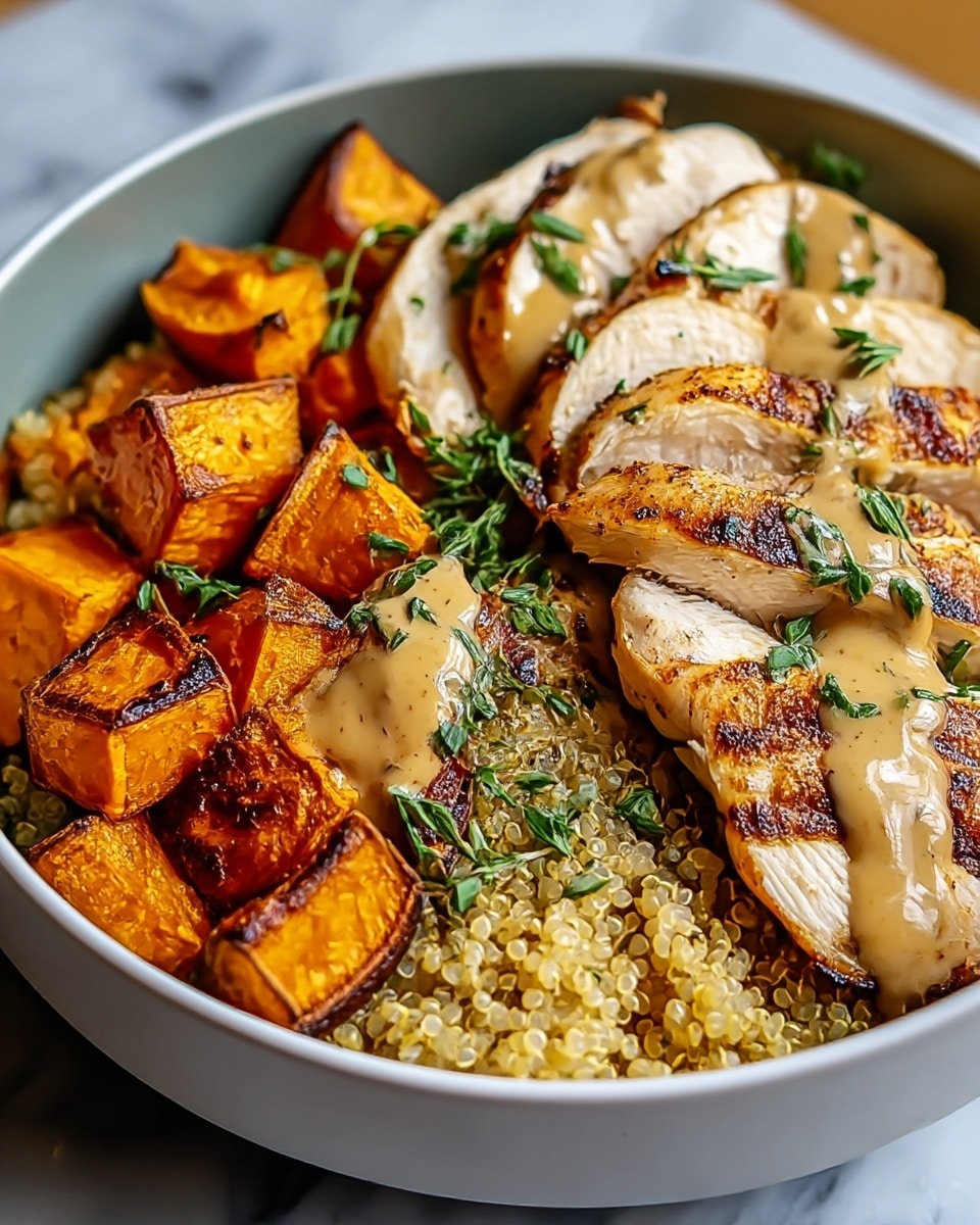 The image shows a white bowl filled with three main layers: at the bottom, a base of small, light-colored quinoa grains is spread evenly; on the left side, large chunks of bright orange roasted sweet potatoes with charred grill marks are piled; on the right, slices of grilled chicken breast with visible grill marks are arranged in a fan shape on top of the quinoa, each piece drizzled generously with a creamy light brown sauce speckled with black pepper; fresh green herbs, including sprigs of thyme, are placed on and around the chicken and sweet potatoes, adding a fresh pop of color. The bowl sits on a white marbled surface. photo taken with an iphone --ar 4:5 --v 7