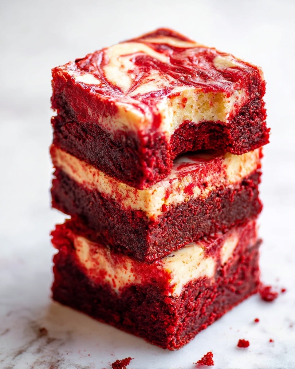 The image shows a stack of three thick, square red velvet brownie layers with creamy white swirls on top, giving a marbled effect. Each brownie layer has a rich, moist, and dense texture with a deep red color inside. The creamy swirls appear smooth and glossy, contrasting with the rich dark red cake parts. The top brownie has a small bite taken out of one corner, revealing the inside texture clearly. The stack is placed on a surface with a white marbled texture, and there are some small crumbs scattered around. photo taken with an iphone --ar 4:5 --v 7