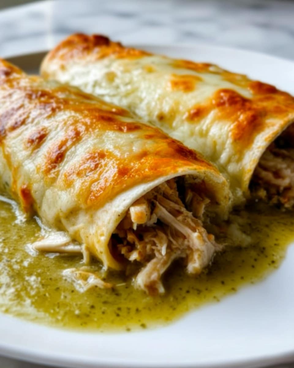 The image shows two rolled enchiladas on a white plate placed on a white marbled surface. Each enchilada has at least three layers visible: the soft tortilla outer layer is light beige and slightly browned in some spots, inside there is shredded light brown chicken mixed with bits of melted cheese, and the entire dish is covered by a smooth, greenish sauce that looks creamy and slightly chunky. On top, there is a golden-brown melted cheese layer that covers the enchiladas unevenly, giving a textured and slightly crispy look. The scene is close up, focusing on the gooey and moist textures of the dish. Photo taken with an iphone --ar 4:5 --v 7