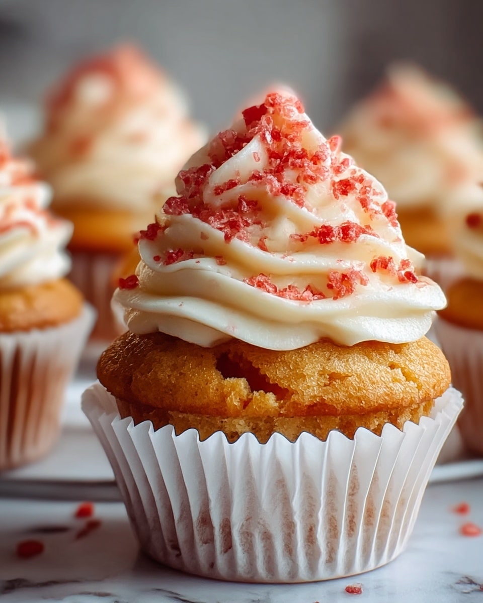 A close-up of a single golden brown cupcake in a white paper liner with a swirl of creamy white frosting on top, covered with small red sugar crystals scattered over the frosting. The cupcake texture looks moist and soft, with other similar cupcakes blurred in the background. The scene is set on a white marbled surface. photo taken with an iphone --ar 4:5 --v 7