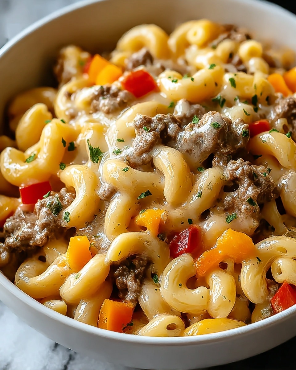A close-up of a creamy pasta dish in a white bowl, filled with three layers: the bottom layer has soft, curved macaroni pasta in pale yellow with a slight shine, the middle layer is ground beef in small, brown crumbled chunks, and the top layer is melted cheese in a light golden color, smoothly coating the pasta and meat. Bright orange and red bell pepper pieces add a pop of color scattered across the dish, while small green parsley leaves are sprinkled on top, providing contrast. The surface has a light sprinkling of black pepper, adding texture and detail. Background is a white marbled texture, photo taken with an iphone --ar 4:5 --v 7