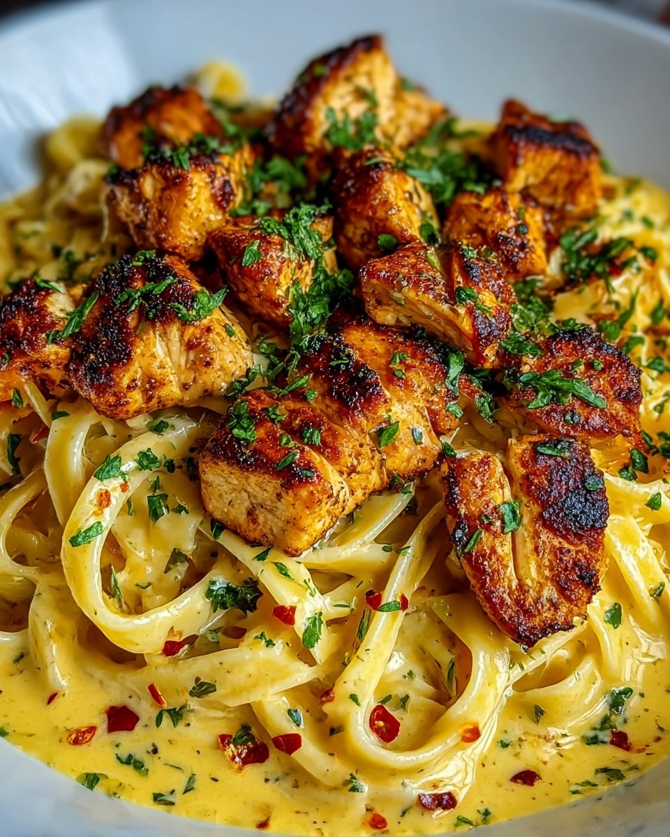 A white plate holds a creamy pasta dish with two main layers; the bottom layer is fettuccine noodles coated in a thick, light yellow creamy sauce speckled with small red chili flakes and green herbs. On top of the pasta, there are several pieces of grilled chicken arranged in a dense cluster, each piece golden brown with charred spots and pepper flakes, and sprinkled with fresh chopped green parsley. photo taken with an iphone --ar 4:5 --v 7
