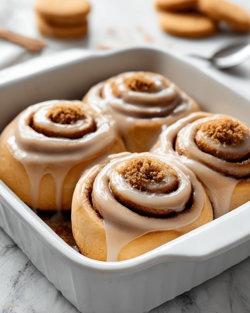 Four cinnamon rolls sit closely packed in a white ceramic baking dish. Each roll has a thick, creamy beige icing layer that smoothly covers its swirled top and drips down the sides slightly. On top of the icing, there is a generous sprinkling of crumbly brown sugar streusel that adds a rough, textured contrast. The rolls themselves show a golden-brown baked surface beneath the icing, with visible spiral layers of dough and cinnamon. The background is a white marbled texture, with some biscuits and a shiny silver spoon blurred in the back. Photo taken with an iphone --ar 4:5 --v 7