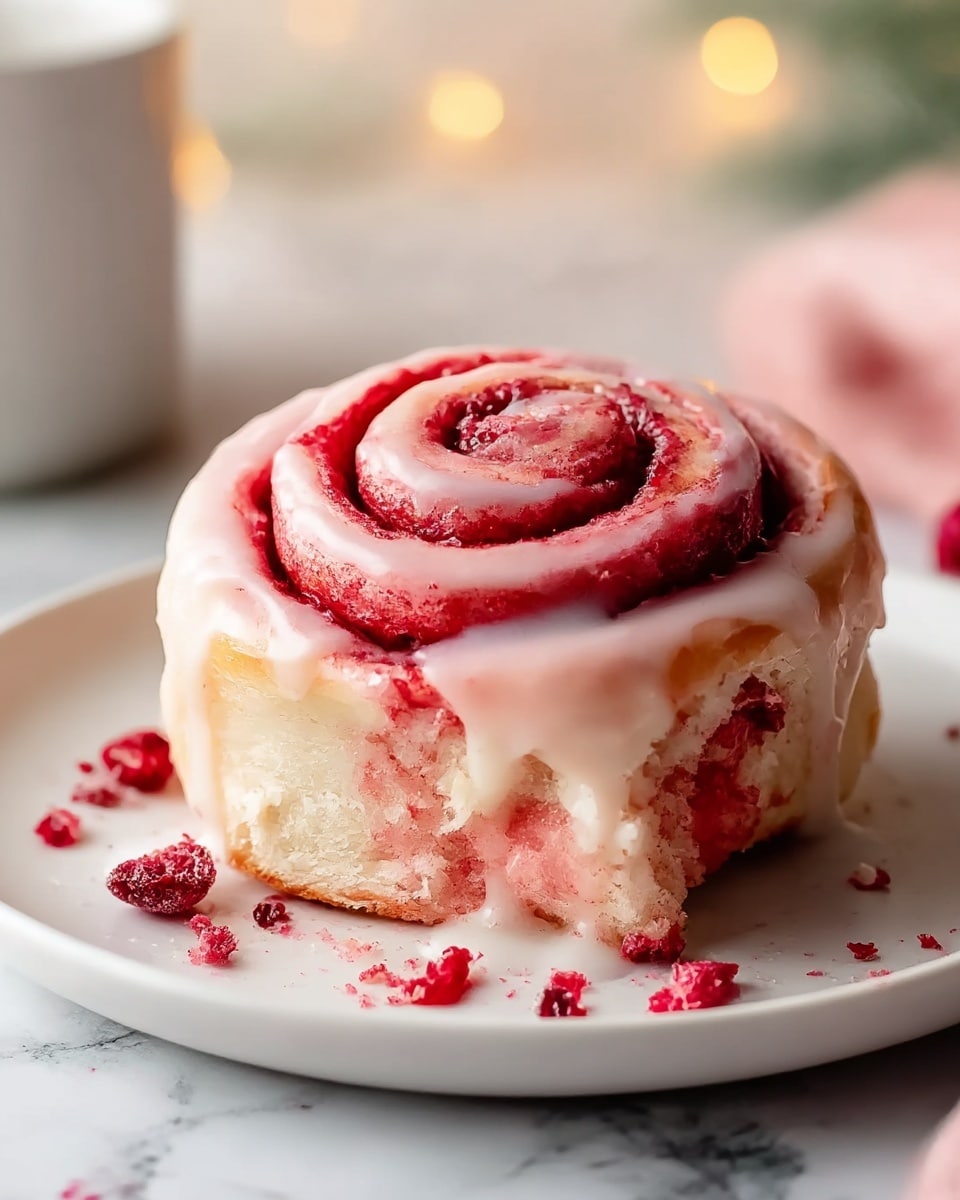 A close-up view of a single cinnamon roll with a bite taken out of it, showing its soft, fluffy layers spiraled around a deep red fruit filling, likely raspberry or strawberry. The roll is covered with a thick, white icing that is slightly melting over the edges, contrasting with the pinkish dough and red filling inside; small crumbs and bits of red fruit are scattered on the white plate beneath it. In the soft-focus background, a white bowl with red fruit and some green leaves are visible, all set against a white marbled surface. photo taken with an iphone --ar 4:5 --v 7