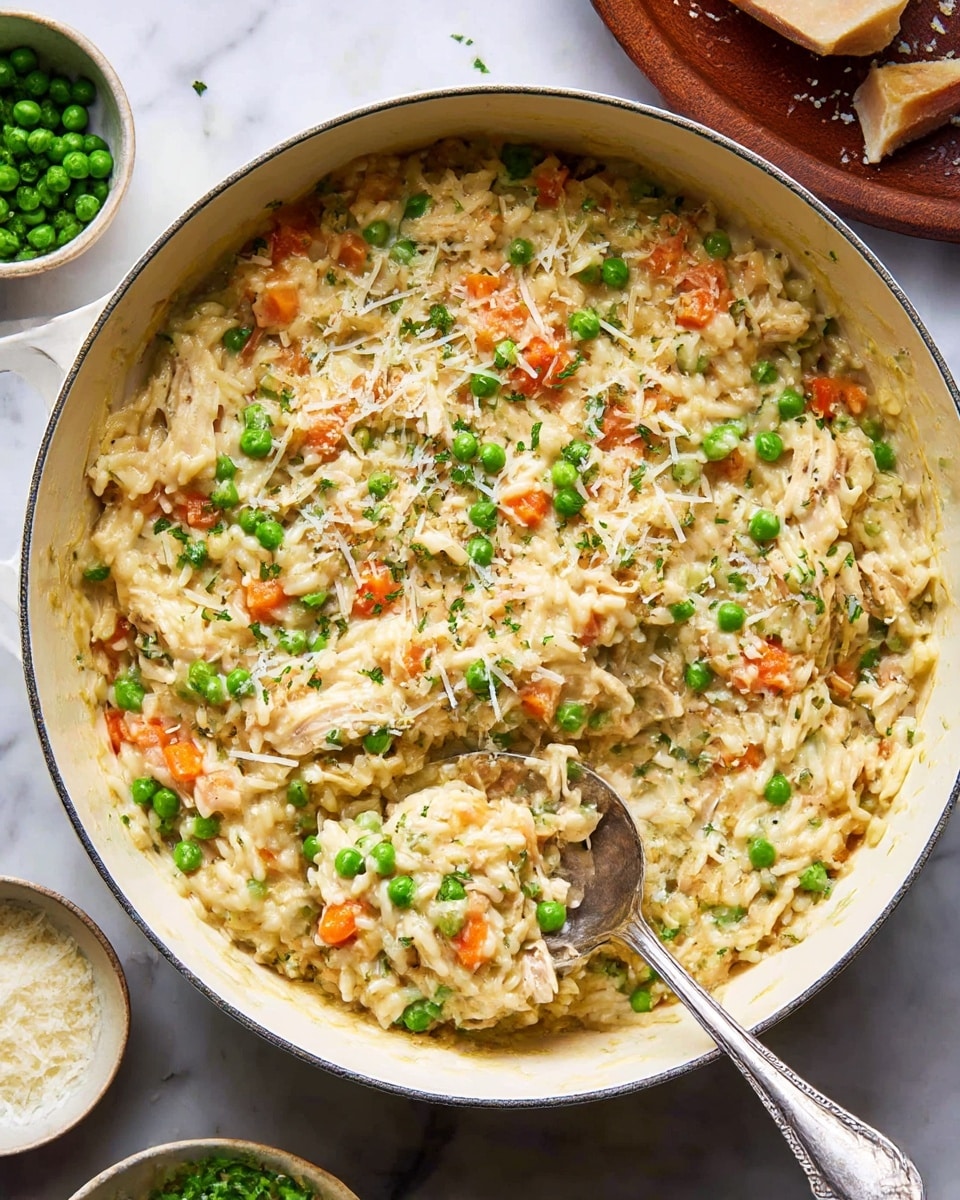 A large white pot is filled with a creamy mixture containing small, pale yellow pasta pieces, bright green peas, and small diced orange carrots. The mixture is soft and coated in a light sauce, with bits of shredded white cheese scattered on top. A silver spoon is scooping some of the creamy dish from the pot. The background shows a white marbled texture with a small round wooden bowl filled with peas and a wooden tray with shredded cheese in the back right corner. photo taken with an iphone --ar 4:5 --v 7