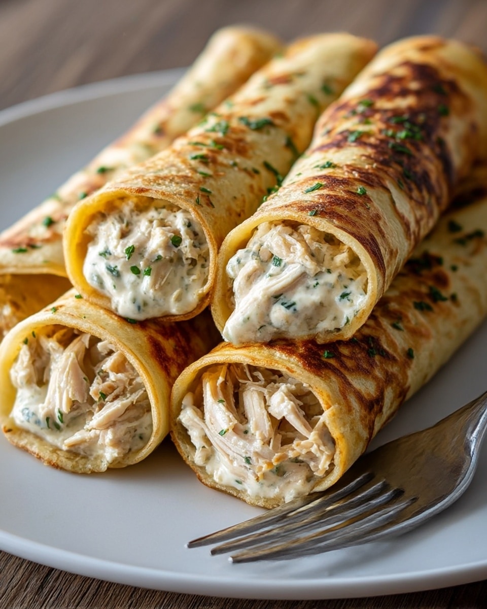 The image shows three golden-brown rolled crepes arranged close together on a white plate with a silver fork resting beside them. Each crepe has a slightly crispy texture with some darker toasted spots on the surface. Inside, the crepes are filled with a creamy white mixture speckled with green herbs and shredded pieces of light brown cooked chicken, tightly rolled to show the filling at one end. The plate is set on a white marbled textured surface, giving the photo a clean and fresh look. photo taken with an iphone --ar 4:5 --v 7