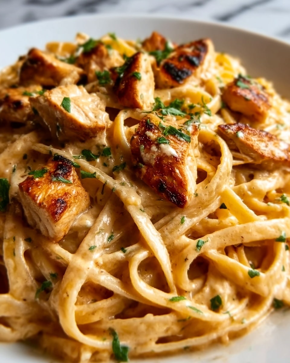 The image shows a close-up of creamy pasta with grilled chicken pieces on top. The dish has two main layers: a base of light-colored fettuccine pasta coated in a smooth, creamy sauce, and on top, pieces of golden-brown grilled chicken with some light char marks. Small bits of chopped green herbs are sprinkled over the dish, adding contrast and freshness. Everything sits on a white plate, set against a white marbled surface. Photo taken with an iphone --ar 4:5 --v 7