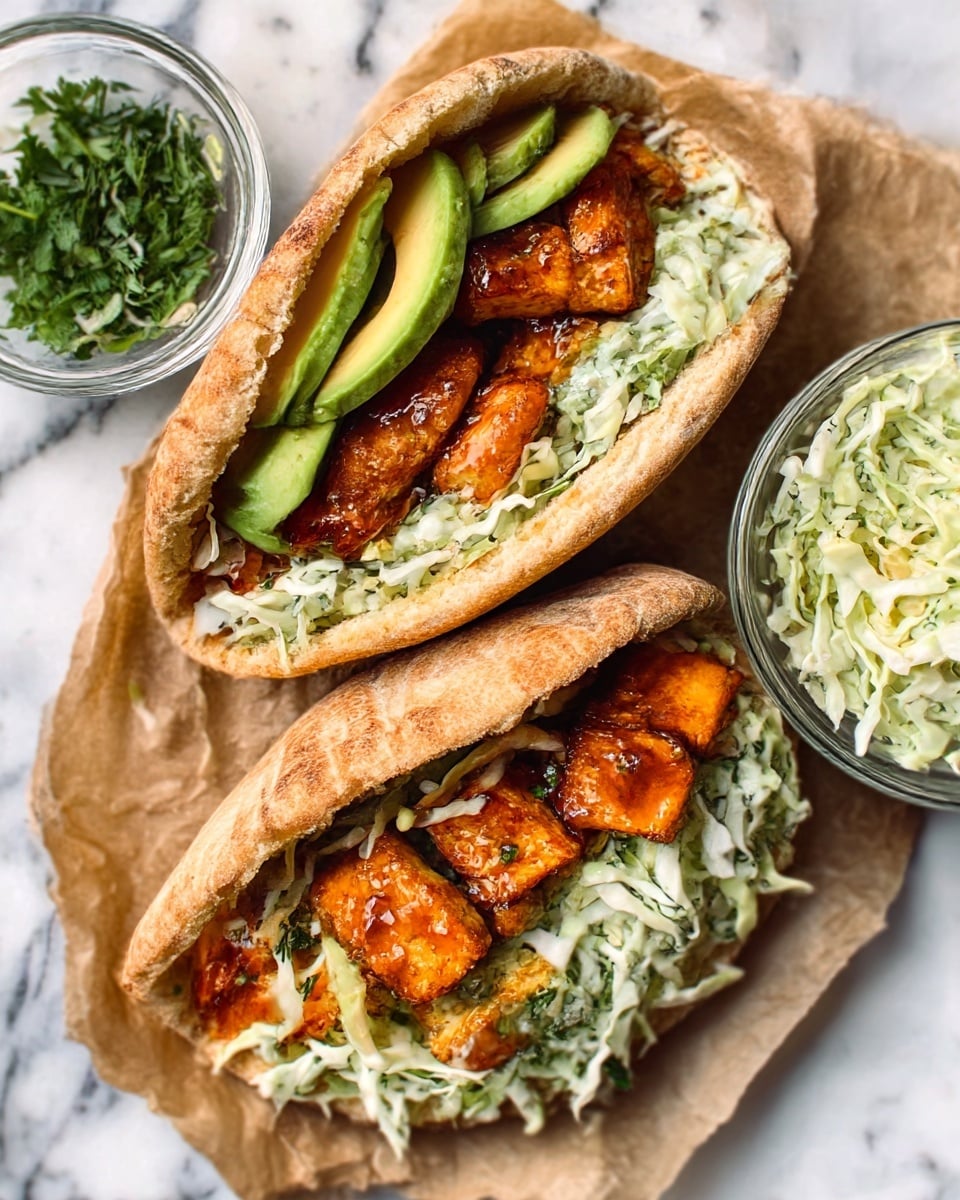 The image shows two pita bread pockets filled with layers of food. Each pita is soft and light brown, split open and stuffed with bright green slices of avocado on the bottom, topped with dark brown crispy fried pieces, and finished with a generous layer of shredded white cabbage mixed with green herbs on top. The pita pockets sit on crumpled brown paper with extra pita bread and a small glass bowl of the cabbage salad nearby. The background is a white marbled texture. Photo taken with an iphone --ar 4:5 --v 7